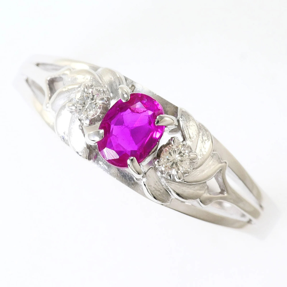 VINTAGE 14K White Gold Ring, Ruby and Diamond 0.043ct